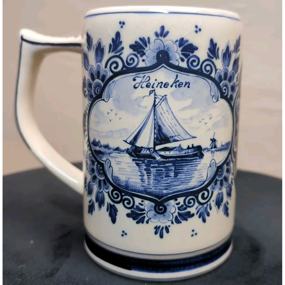 Vintage Blue Delft Blauw Hand Painted Sailboat Mug Heineken Holland